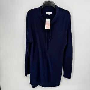 New Directions Studio Curvy Womens 1X Navy Blue Cotton Knit Cowl Neck Sweater